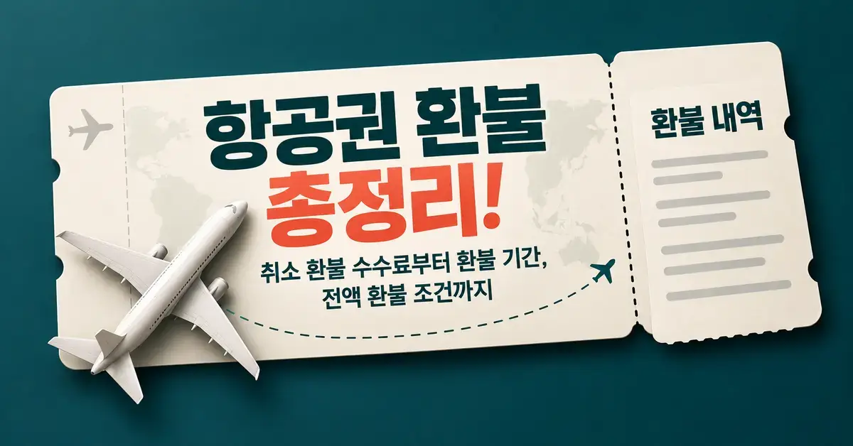 짙은 청록색 배경에 비행기 모형과 환불 내역이 연결된 항공권을 배치하고 항공권 환불 수수료, 환불 기간, 전액 환불 조건을 안내하는 제목을 담은 이미지.